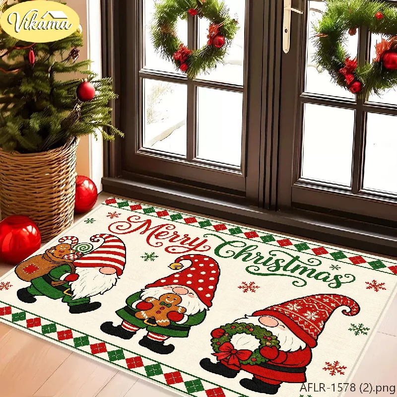 VIKAMA Merry Christmas Doormat Three Santa Claus Gift Bag Gingerbread, Welcome Mat Front Door Entryway, Non Slip, 2027 Xmas