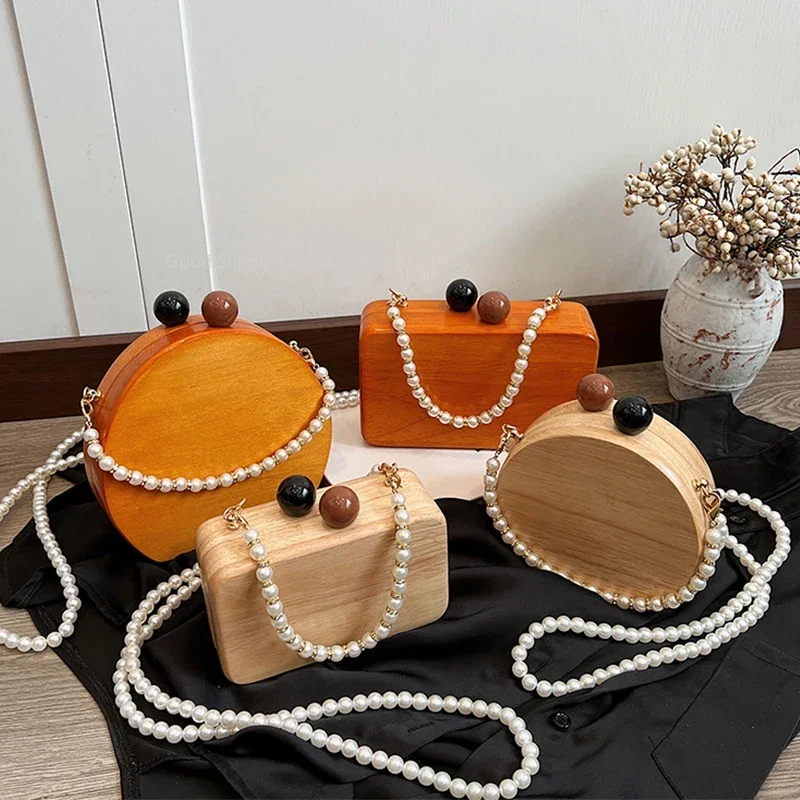 

Wood Handmade Bag Round Handbag Purse Summer Lipstick Bag For Women Vintage Pearl Chain Crossbody Bag Mini Square Brand