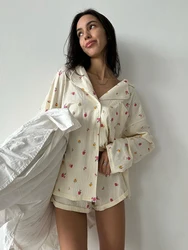 Marthaqiqi Home Clothes Women Sexy Turn-Down Collar Nightwear Long Sleeve Nightgowns Shorts Casual Printing Ladies Pajamas Suit