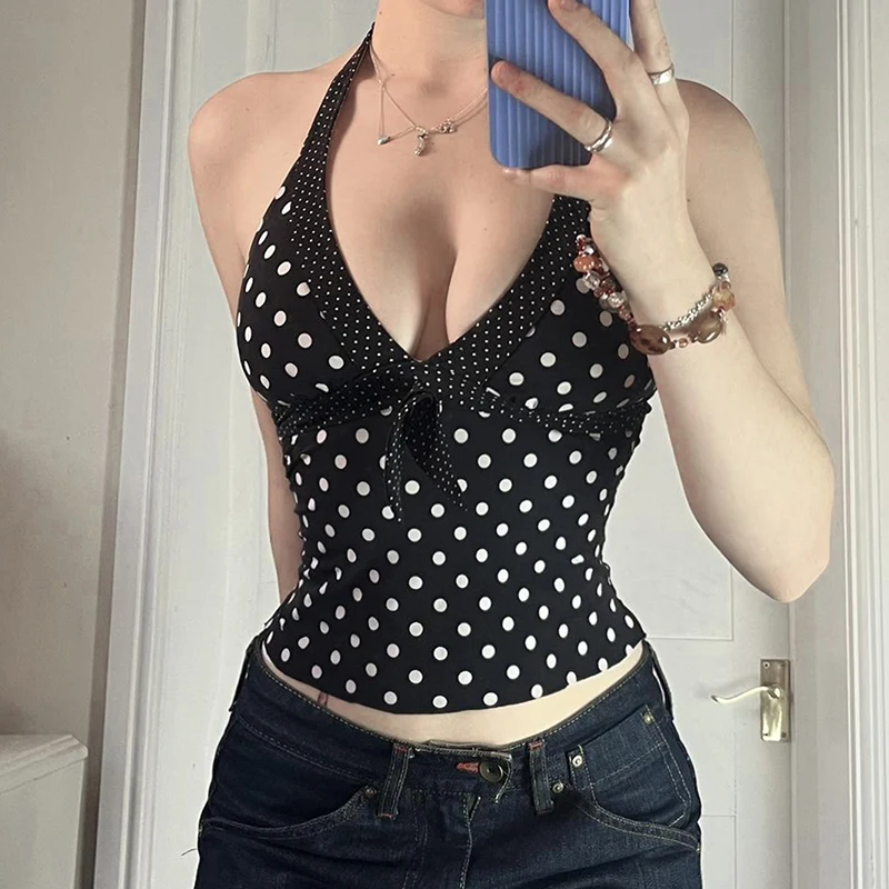 

Sexy Polka Dot Halter Top Slim-Fitting Backless Deep V-Neck Sleeveless Crop Tops Women 2025 Summer Fashion Streetwear Camisole