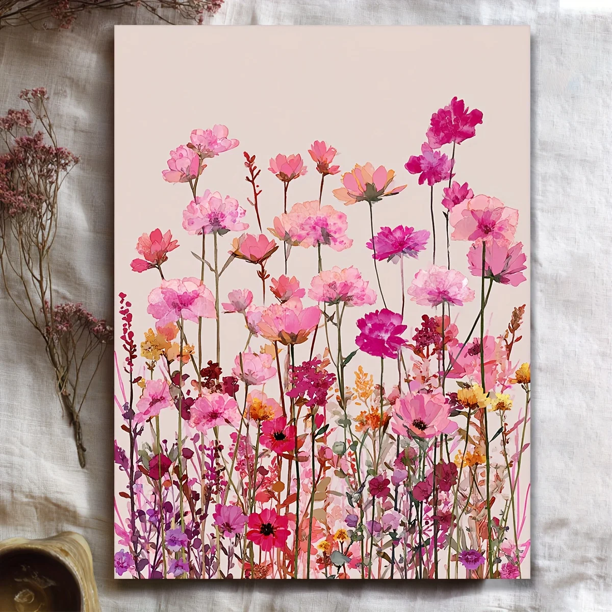 (No frame)2D Flat, 2D Flat 1 Framed Piece, 12X16Inch [2D Canvas] Fun Art Comic Style Pink And Red Wildflower Field Art Print,