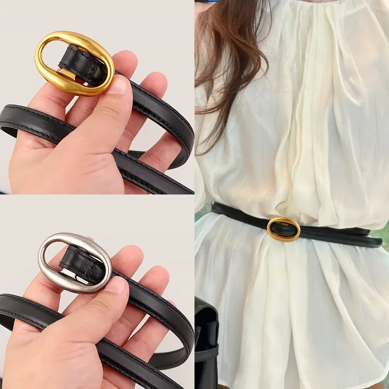 

2024 Luxury Brand Belt Women's New All-match Non-hole Oval Buckle Leather Thin Belt with Skirt Shirt Waistband Women