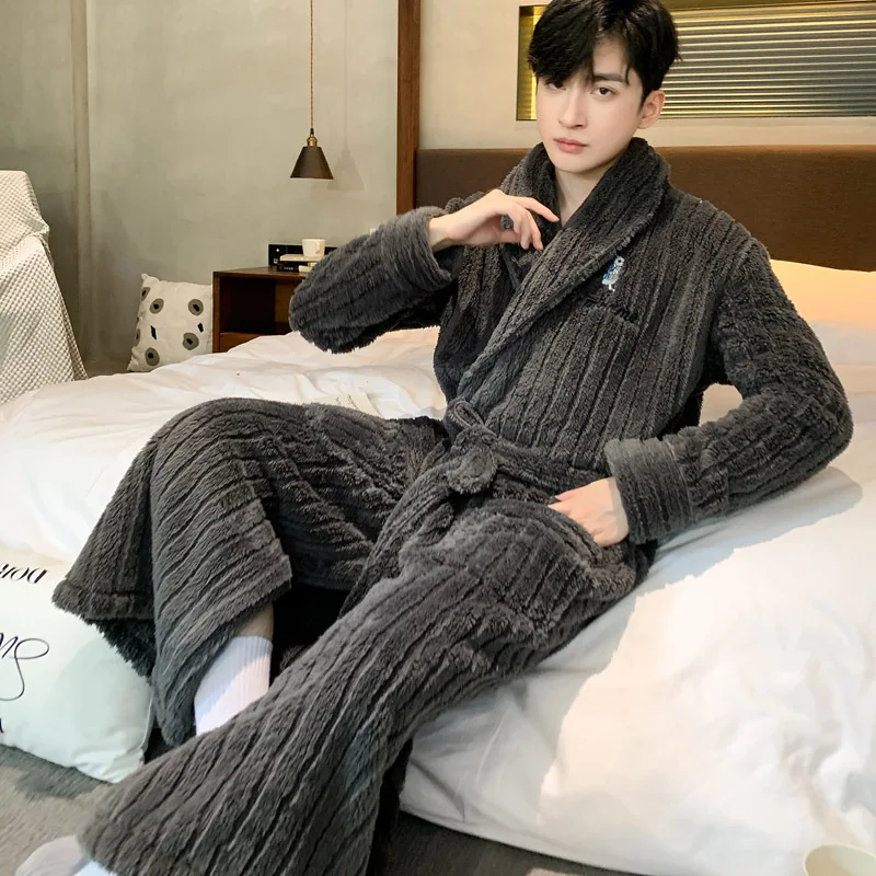 Autumn Winter New Bathrobe Men Warm Coral Fleece Nightwear Loose Kimono Robe Shower Sleepwear with Pocket Thick Home Clothes