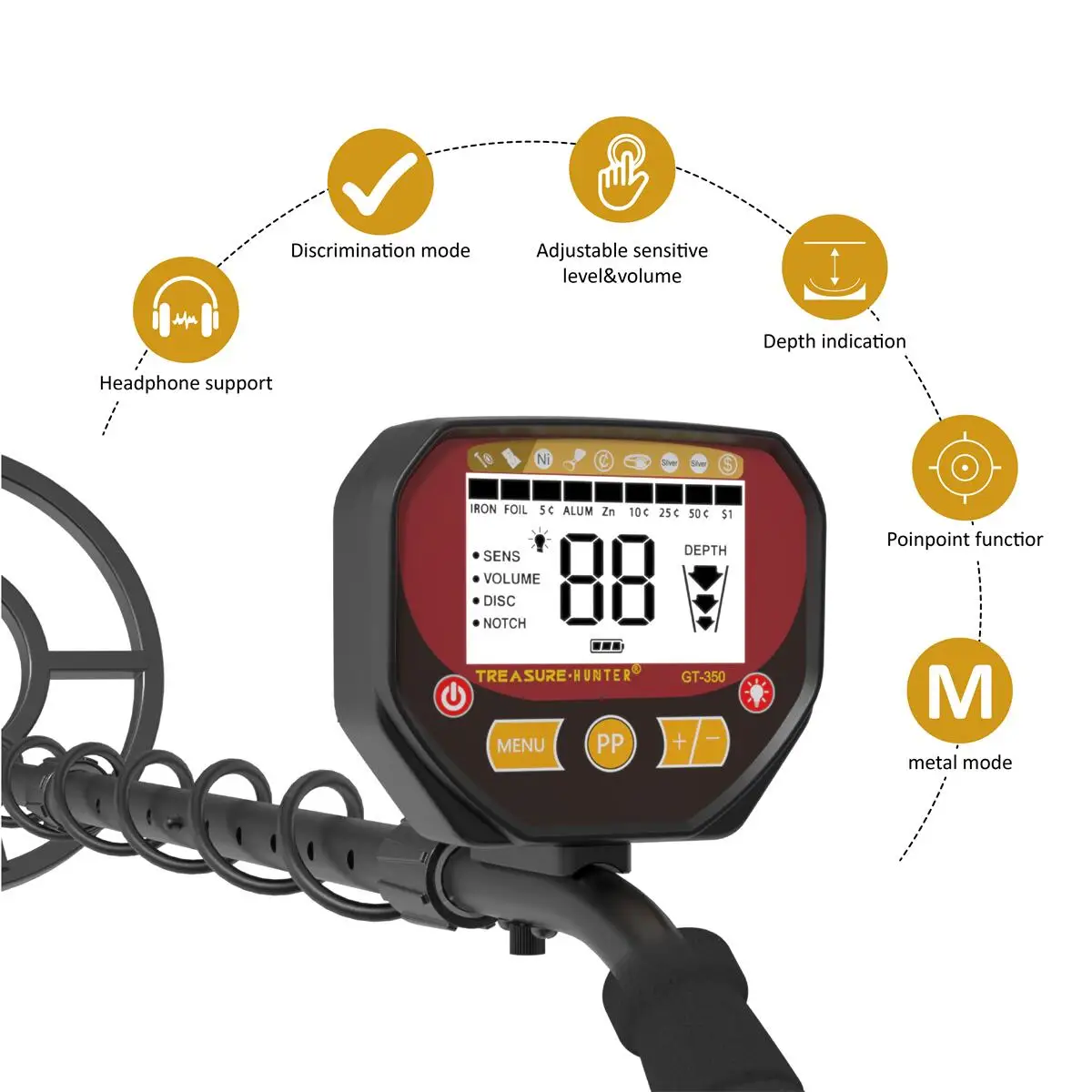 Professional Underground Metal Detector GT350 Gold Digger Treasure Hunter Pinpointer LCD Display 10\'\' Searchcoil