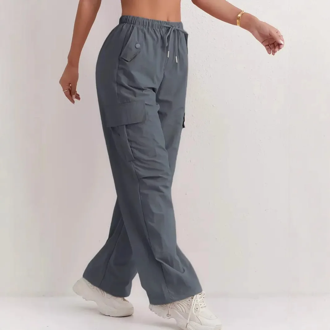 Damen-Cargohose im amerikanischen Stil mit Kordelzug, elastischer Taille, lässig, hohe Taille, drapiert, schnell trocknend, Jogginghose mit weitem Bein