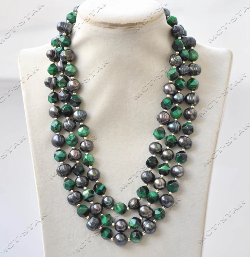 

MTC·STAR Z13390 3Row 20" Peacock Green Round Faceted Tiger' eye Black Pearl necklace Custom Jewelry