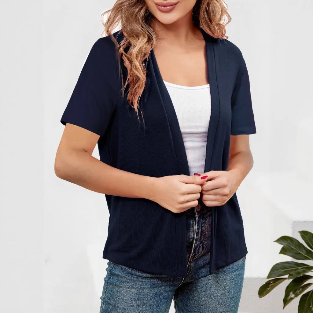 

European And American Style Women's Slim Fit Knitwear Cardigan Short-Sleeved Basic Pure Color Casual Outerwear Elegant Top