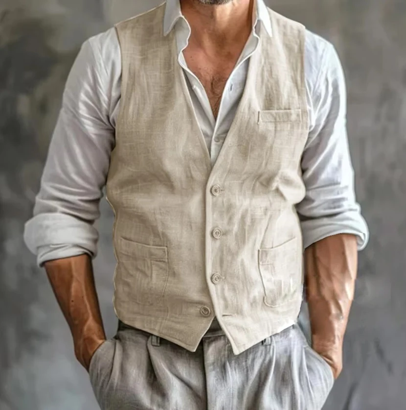 الرجال سترة كتان الصيف الذكور عالية الجودة رمادي بارد تنفس مع جيوب جيليه صدرية رجالي رسمية بلا أكمام رجل العمل