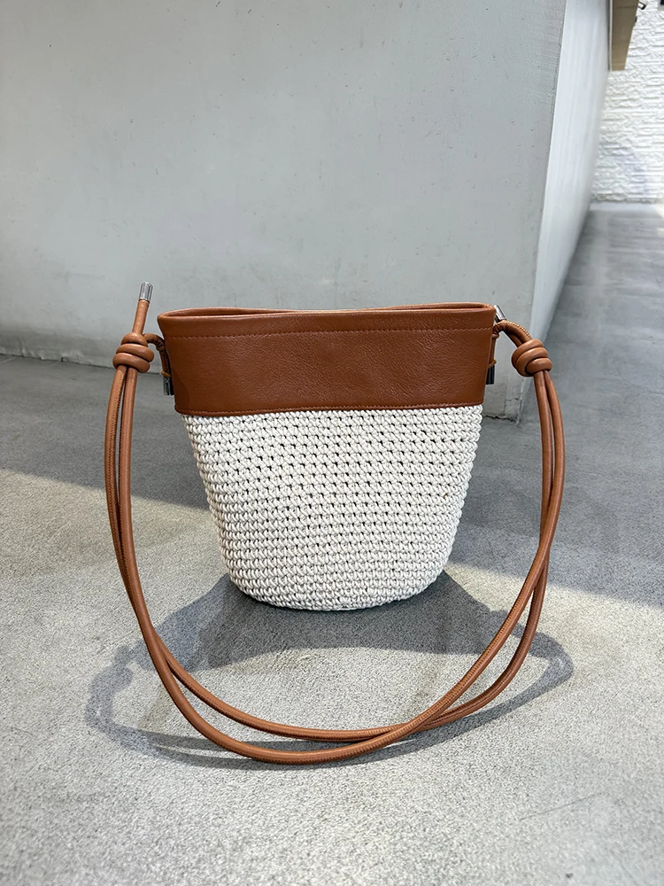 

Vintage Commuter Tote Bag Women's First Layer Cowhide Woven Candle Rope Buet Bag Single oulder Crossbody Bag