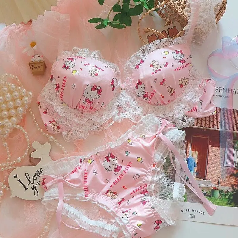 Pink Hello Kitty Sweet And Cute Girl Underwear Bra & Panties 2 Pcs Sets Y2k Lace Edge Sexy Chest Gathering Lingerie Bra Set