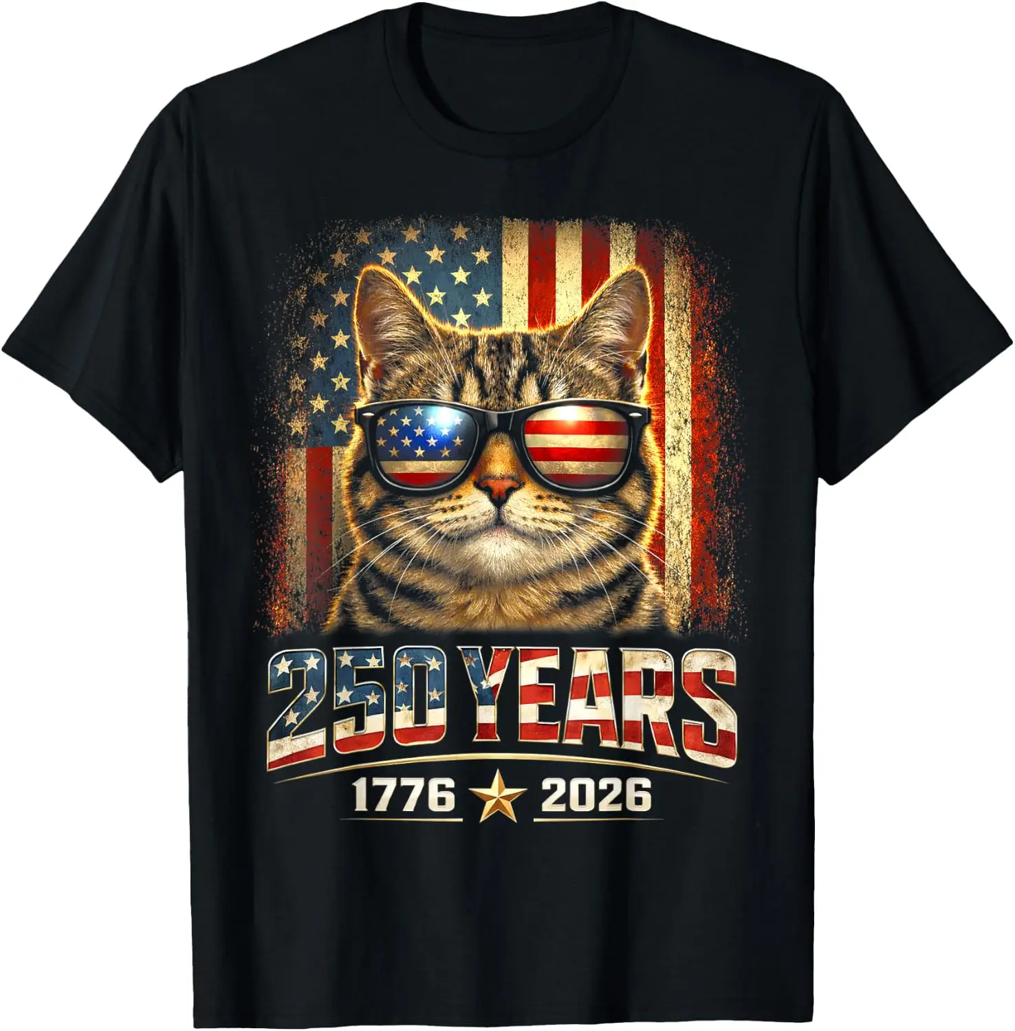 Men's Graphic Print T‑Shirt, Casual Short Sleeve Crew Neck Tees, Summer Daily Wear Soft Cotton Tops for Male. Cat Lovers Patriotic 250 Years Freedom USA Flag 4Th Of July T-Shirt