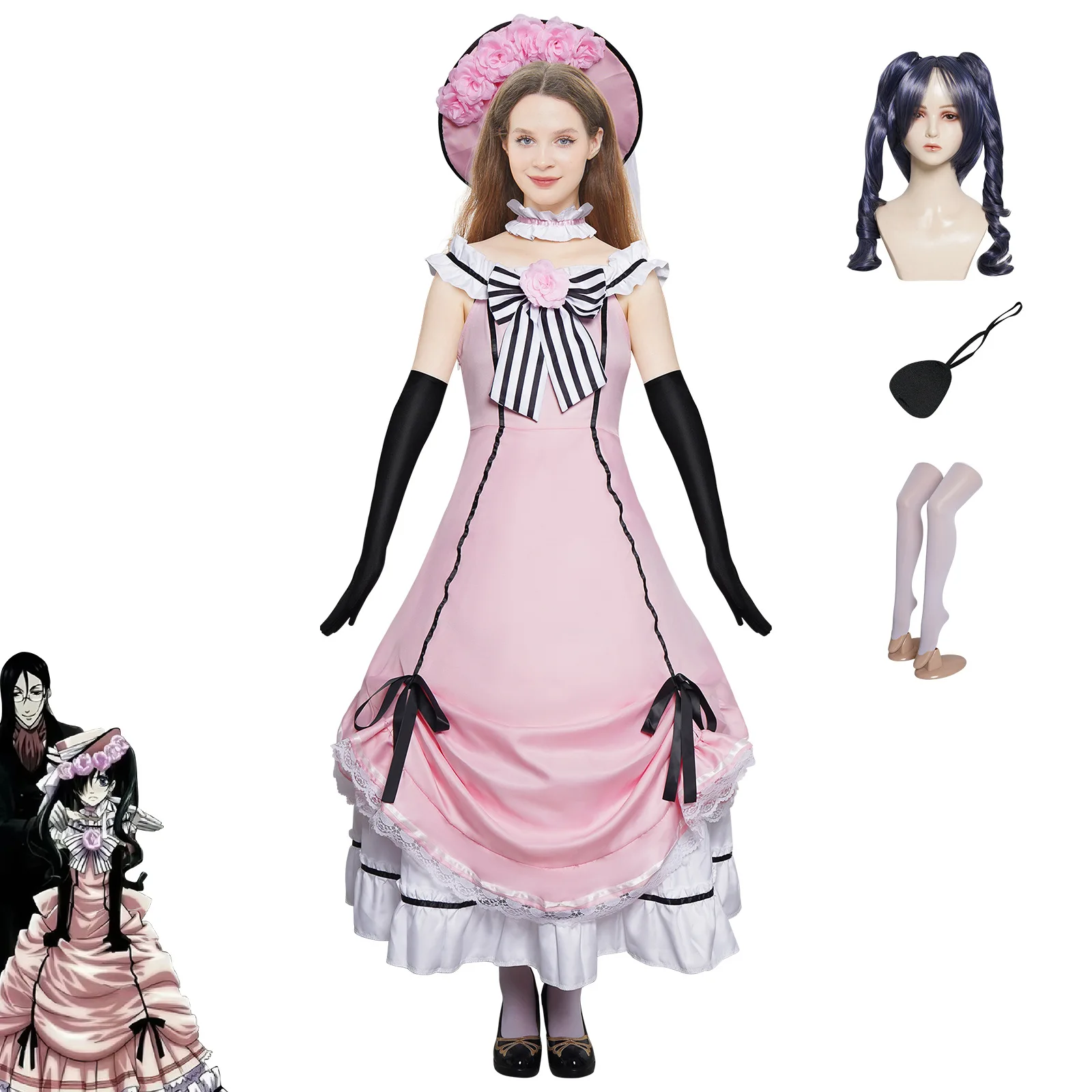 Black Butler Ciel Phantomhive Robin vestido de noche rosa para mujer, disfraz de Anime japonés para fiesta de Carnaval y Halloween