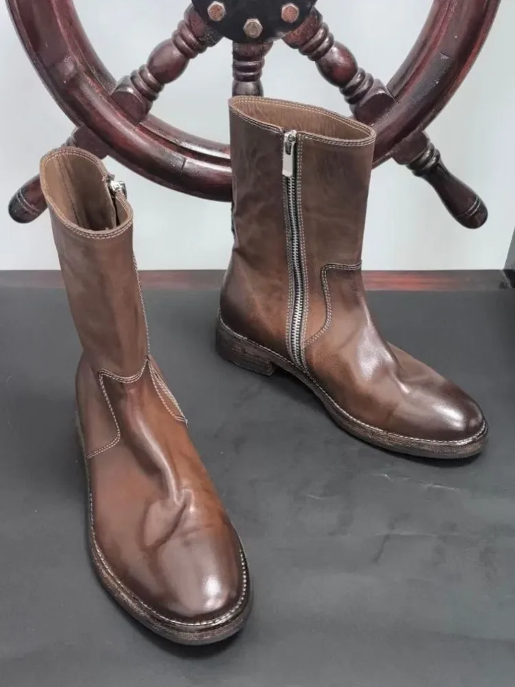 Leisure Female Genuine Leather Round Toe Chunky Heel Ankle Boots Handmade Solid Color Horsehide Zipper Hard Wearing Footwear