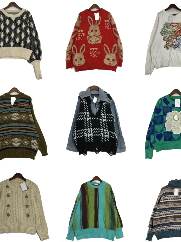 

Vintage ex Woolen Sweater Street Sle Patchwork Print round Ne Long Sve Warmth Winter Knitwear Cartoon Embroidery