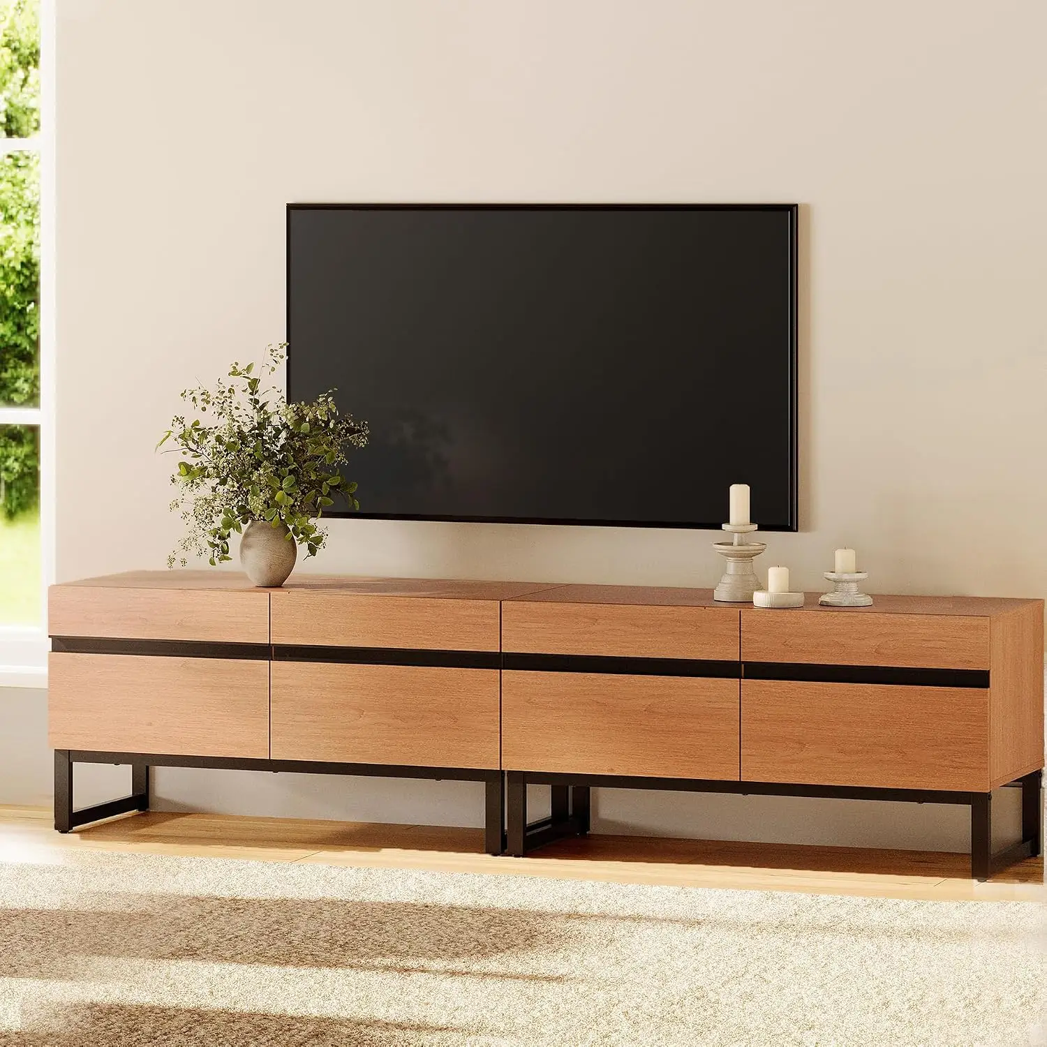 WAMPAT Modern TV Stand Entertainment Center Storage Cabinet Media Console Living Room 50-75 Inch Metal Base Wood Mocha 2Pcs, Cus