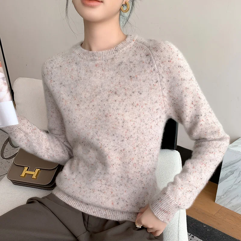 Autumn and Winter New Color Dot Yarn Double Thick 100% Pure Cashmere Sweater Women's Crewneck Pullover Loose Bottom Sweater Top