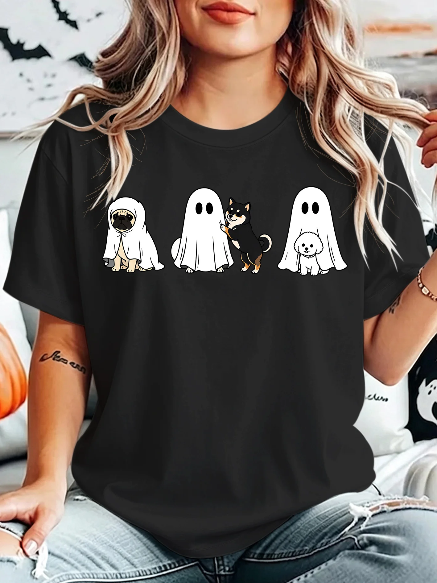 Halloween Ghost Dog Puppy Costume Womens Crew Neck Short Sleeve T Shirt Cute Spooky Pet Theme Casual Graphic Tees For Ladies
