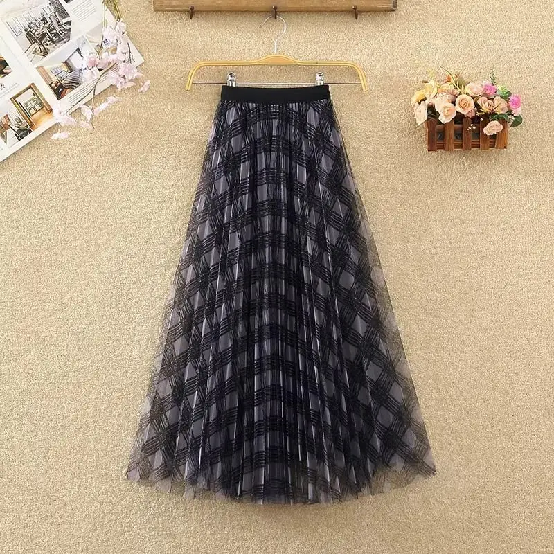 

New Spring and Summer Women's Splicing Contrast Color Loose High Waist Gauze Pleated Classic A-Line Fashion Casual Skirt