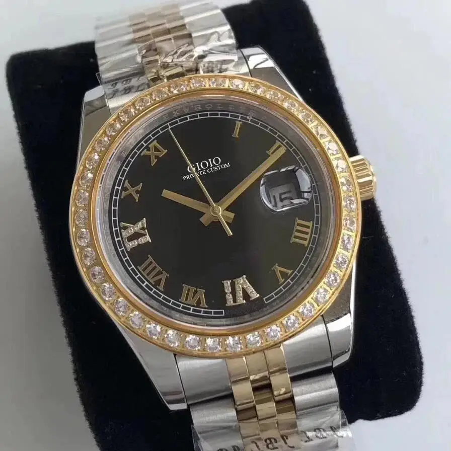 럭셔리 새 남성용 시계 자동 기계식 시계 다이아몬드 베젤 로즈 골드 블랙 그린 로마 다이얼 사파이어 글라스 날짜 표시