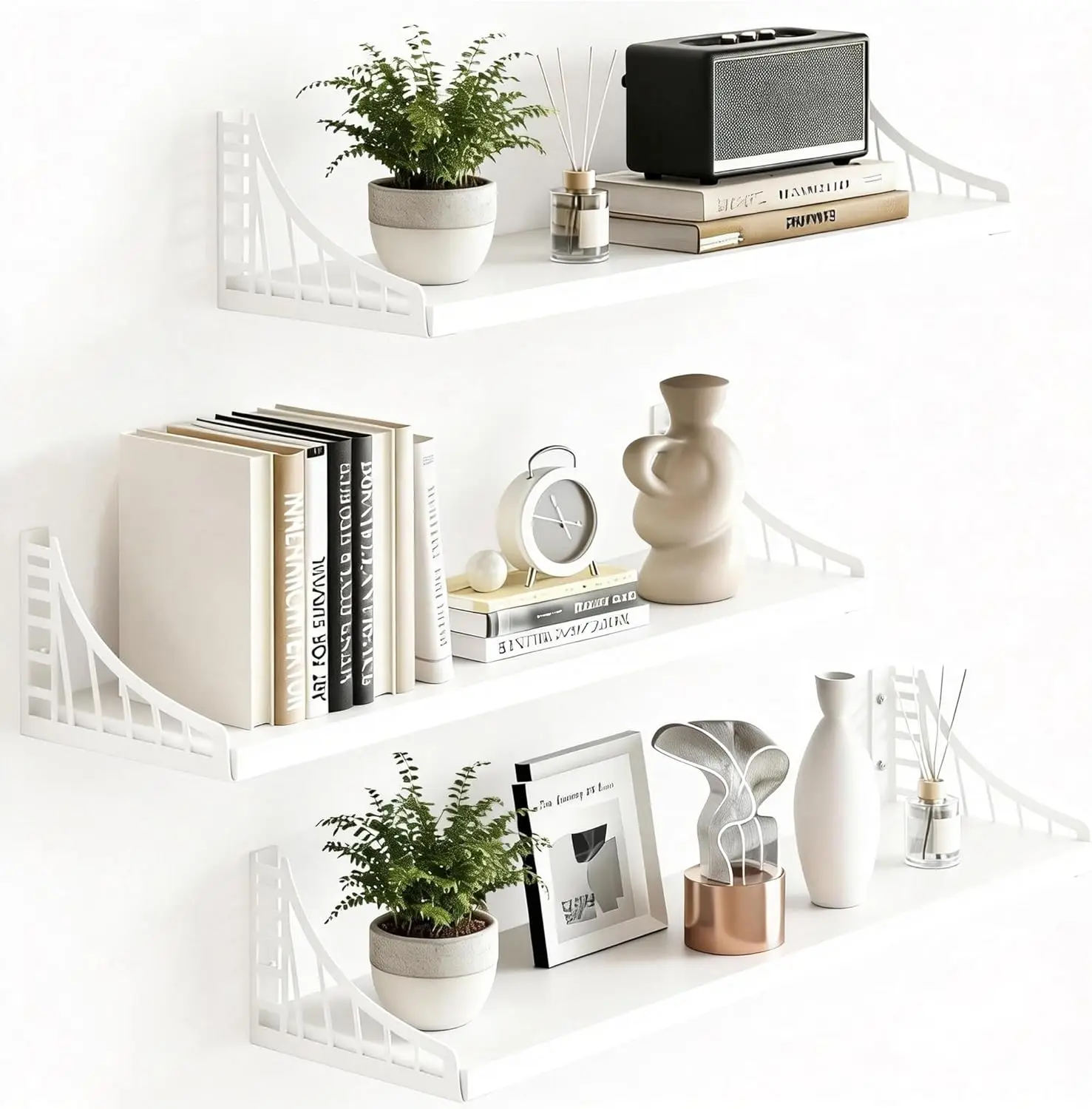 

Floating Shelves for Wall Decor, Bridge Design Wood Wall Shelves for Bedroom, Bathroom, Living Room & Kitchen, Set of 3