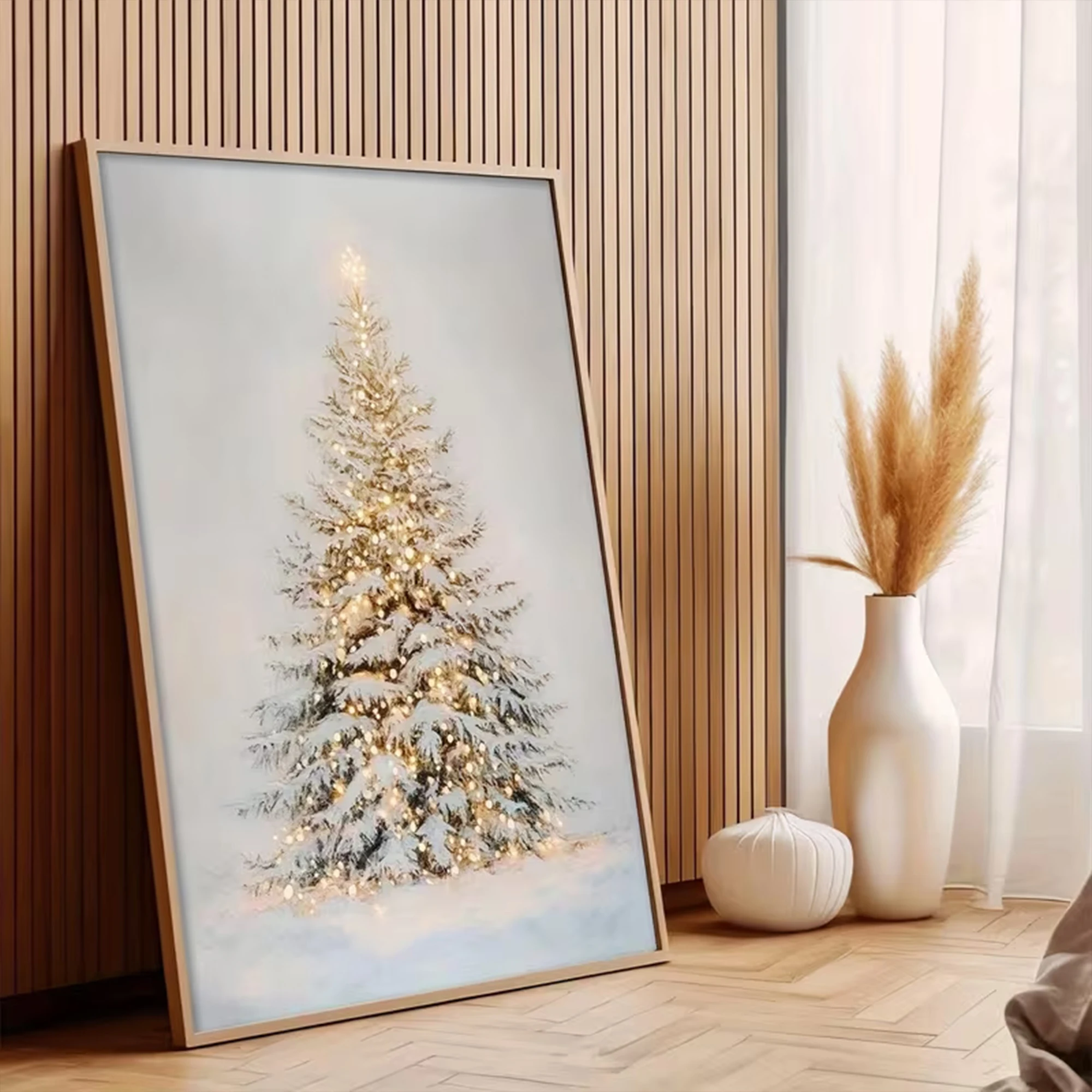 雪の夜に輝く星が映える、レトロなクリスマスツリーの壁掛けアー - Home Decor Tree のレビューと価格