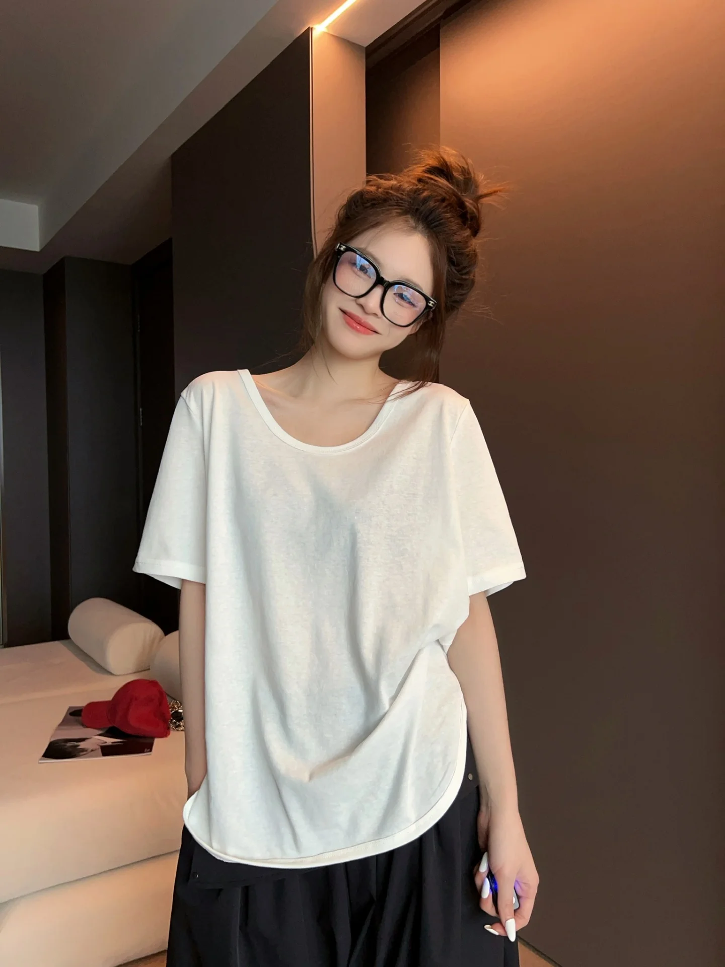 

Женская базовая футболка MRS SHAO с коротким рукавом, однотонная, свободного кроя, с круглым вырезом, из хлопка, летняя, новый стиль, повседневный топ