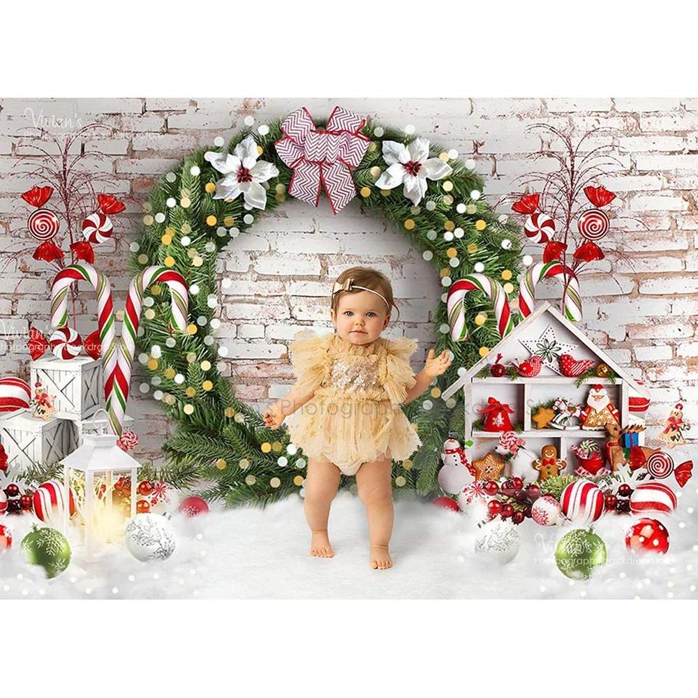 Toile de fond de mur de brique de couronne, accessoires de Noël, bannière de studio photo de bébé, fond de scène de neige, photocall familial d'enfant, bannière d'hiver