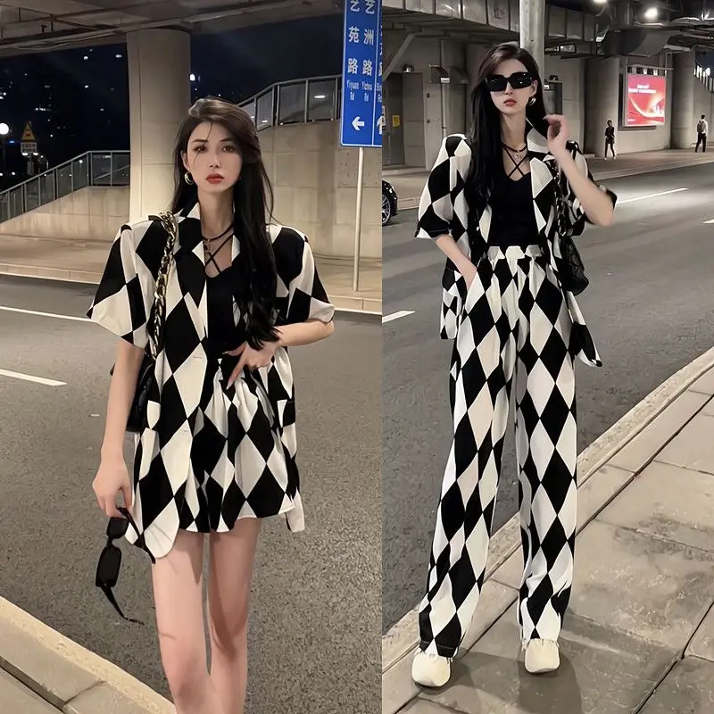 Korean casual versatile black and white checkered for summer, diamond shaped checkered suit shirt, wide leg pants set for women