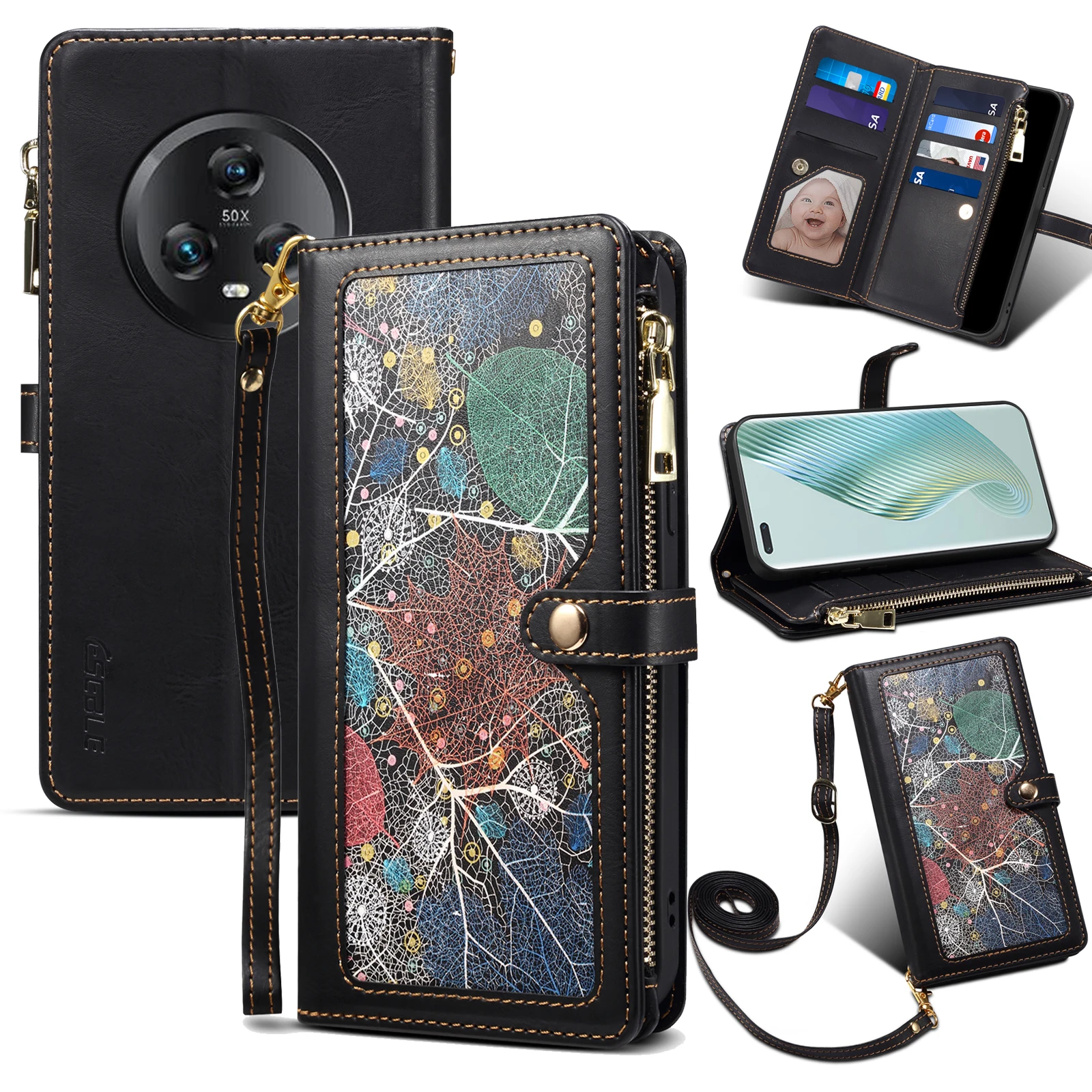 

Flower pattern Leather Flip Case For Huawei Honor Magic 5 Pro Wallet Card Slot Holder Mobile Phone Cover With Free Rope
