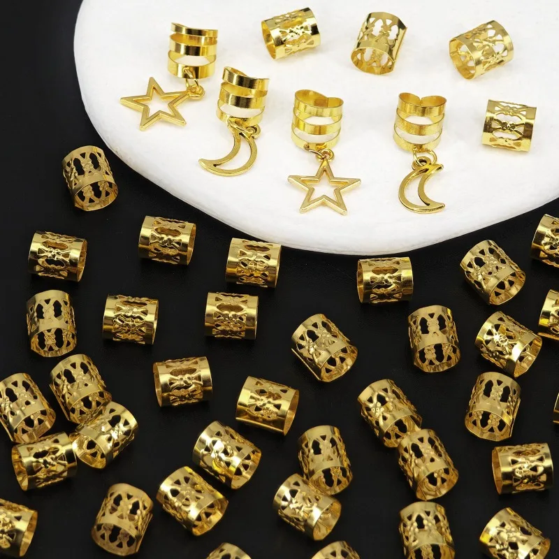 44Pcs Gold Metal Star Moon Hair Rings for Dreadlocks Vintage Style for Woman Braiding Daily Party Non Slip Lightweight Durable - view 3