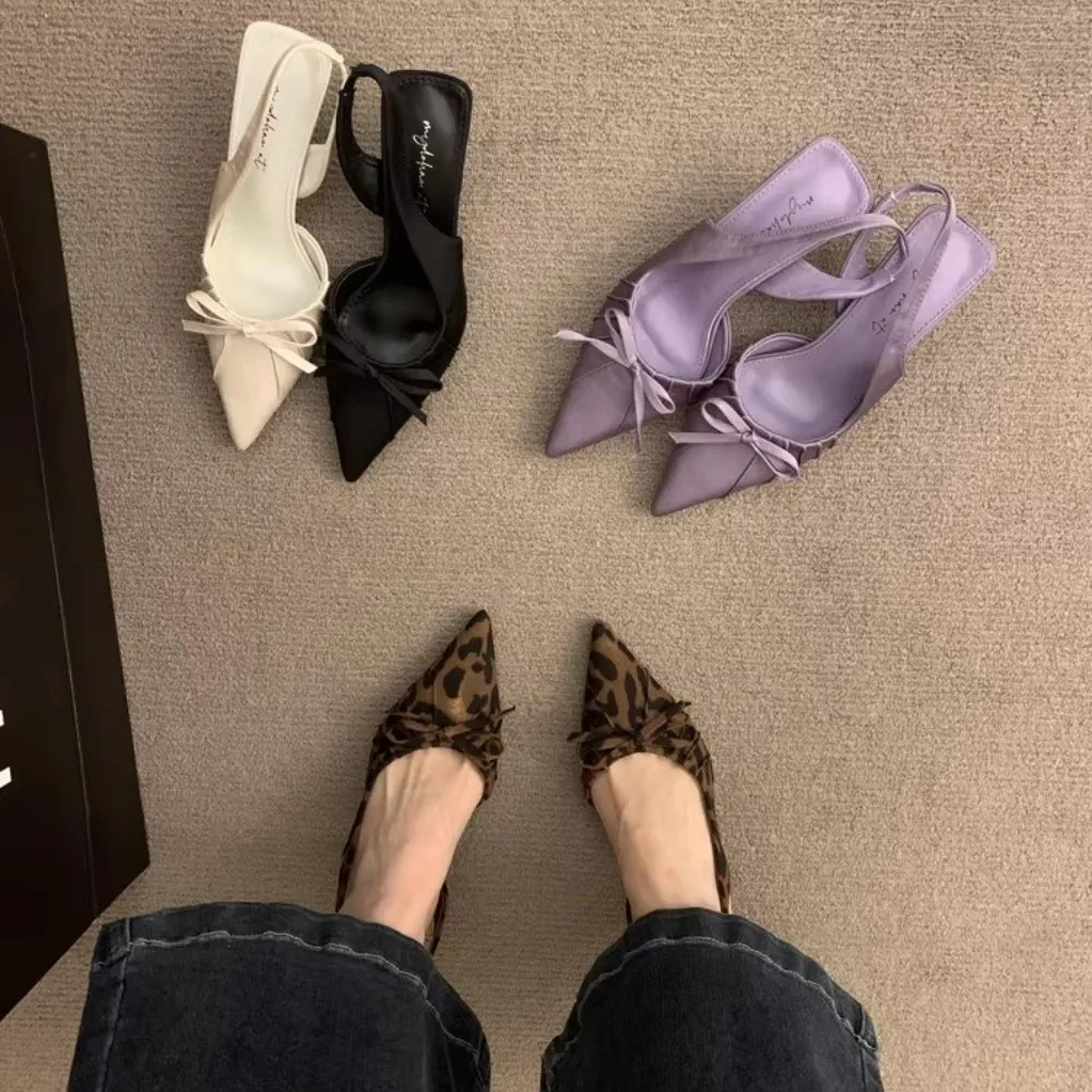 

Летние женские туфли-лодочки с острым носком на высоком каблуке с бантом-бабочкой, новинка 2026 года, обувь с ремешком на пятке, женские сандалии на среднем каблуке