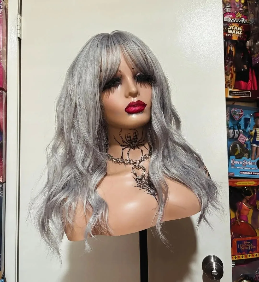 

Silver Grey Wig Body Wave Lace Front Wig With Bangs 13x4 Hd Lace Wig Preplucked Synthetic High Quality Daily On Clearance Sale