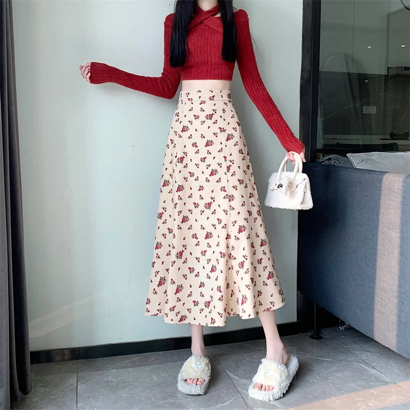 

Юбка миди с высокой талией из вельвета с цветочным принтом, плиссированная, повседневная, универсальная, расклешенная, А-силуэт, макси, из полиэстера Ci Walk