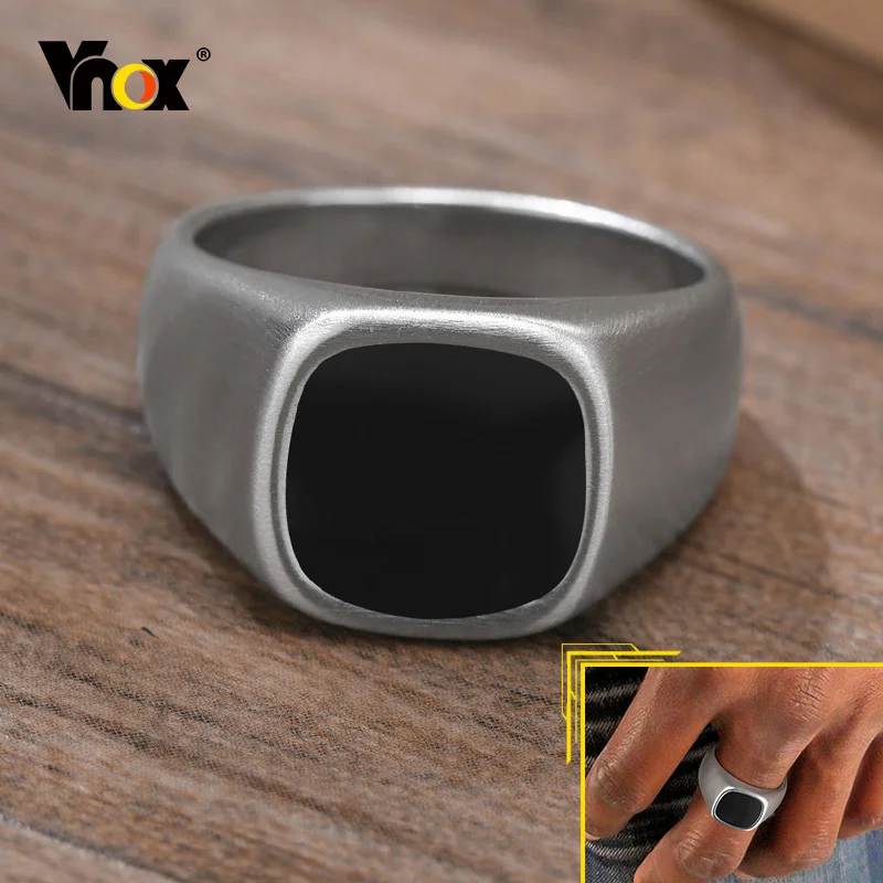 Vnox 12.5mm Signet Ring for Men, Black Square Top Stainless Steel Finger Band, Gothic Punk Rock Boy Stamp Rings