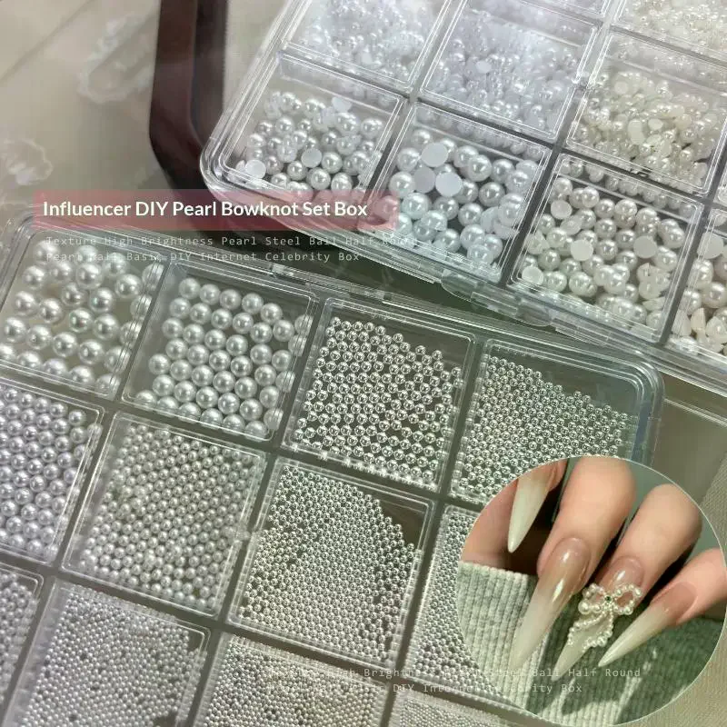 12 Grids Mixed Pearl Nail Art Decorations Flat Bottom Nail Charms 3D DIY Nail Art Rhinestones Manicure Accessory