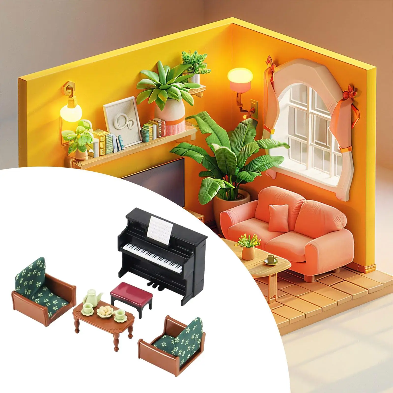 Scala 1:12 Casa delle bambole Pianoforte Divano Tavolino Scena di vita Accessori modello fai da te Pianoforte in miniatura Mobili in miniatura per balcone