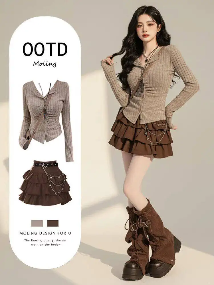 

Spring Summer Korean Style V-Neck Knitted Top And Cake Skirt Two-Piece Set Slimming Puffy Short Skirt for Younger Looking
