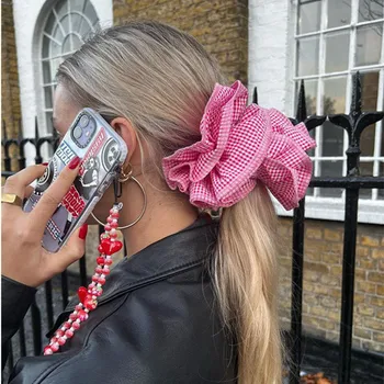 Klein Ontwerp Haar Scrunchies Voor Vrouw Zomer Schattige Vier Lagen Geruit Hoofddeksels Puur Katoenen Rand Extra Grote Darmhaarlus