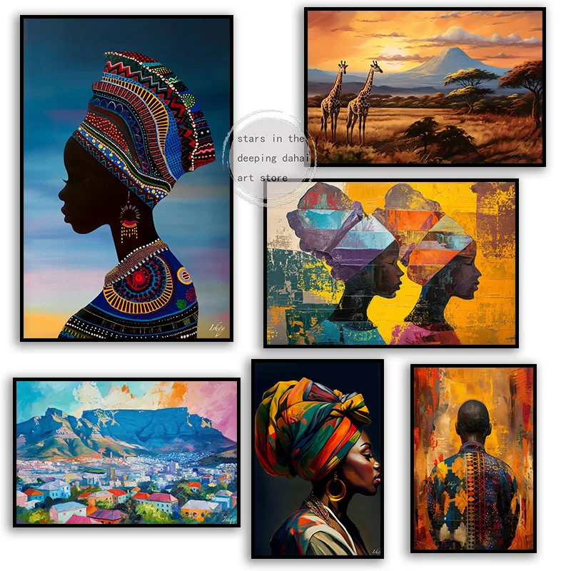 Vintage African Woman with A Headwrap Turban African Landscape Art Poster Canvas Painting Wall Prints Picture Room Home Decor