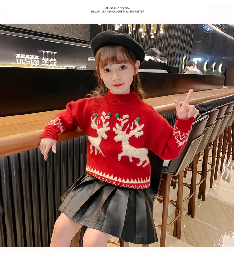 Kinder-Weihnachtspullover-Kostüm für Mädchen, Neujahrspullover mit Hirschmotiv, gestrickte Kleidung, Kinder-Rollkragenpullover, rote Strickware, Alter 4-13 Jahre – Detail 6