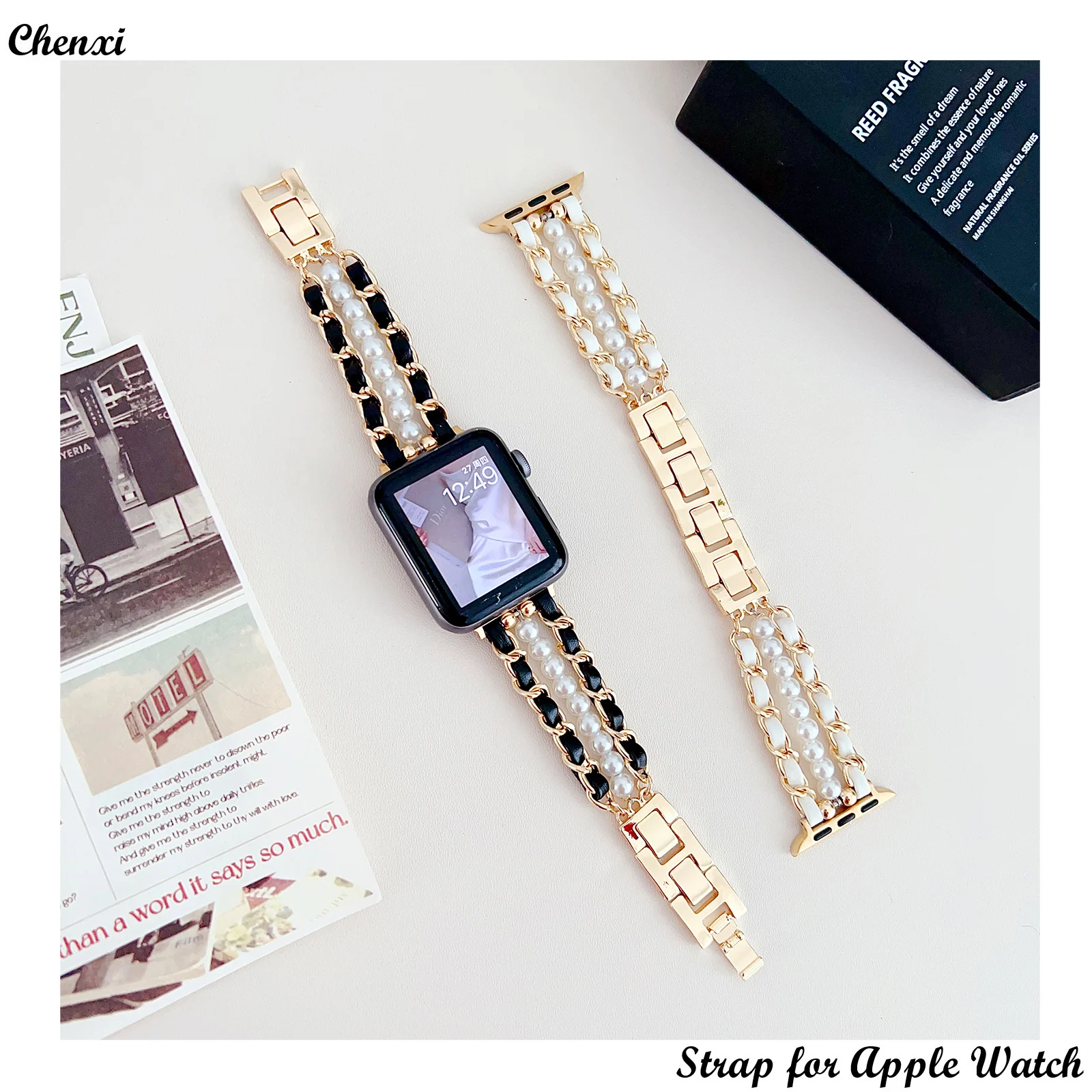 

Luxury metal strap for Apple watch band pearl bracelet chain iwatch87654321SE38 40 41 42 44 45 49mm women leather sweet wrist