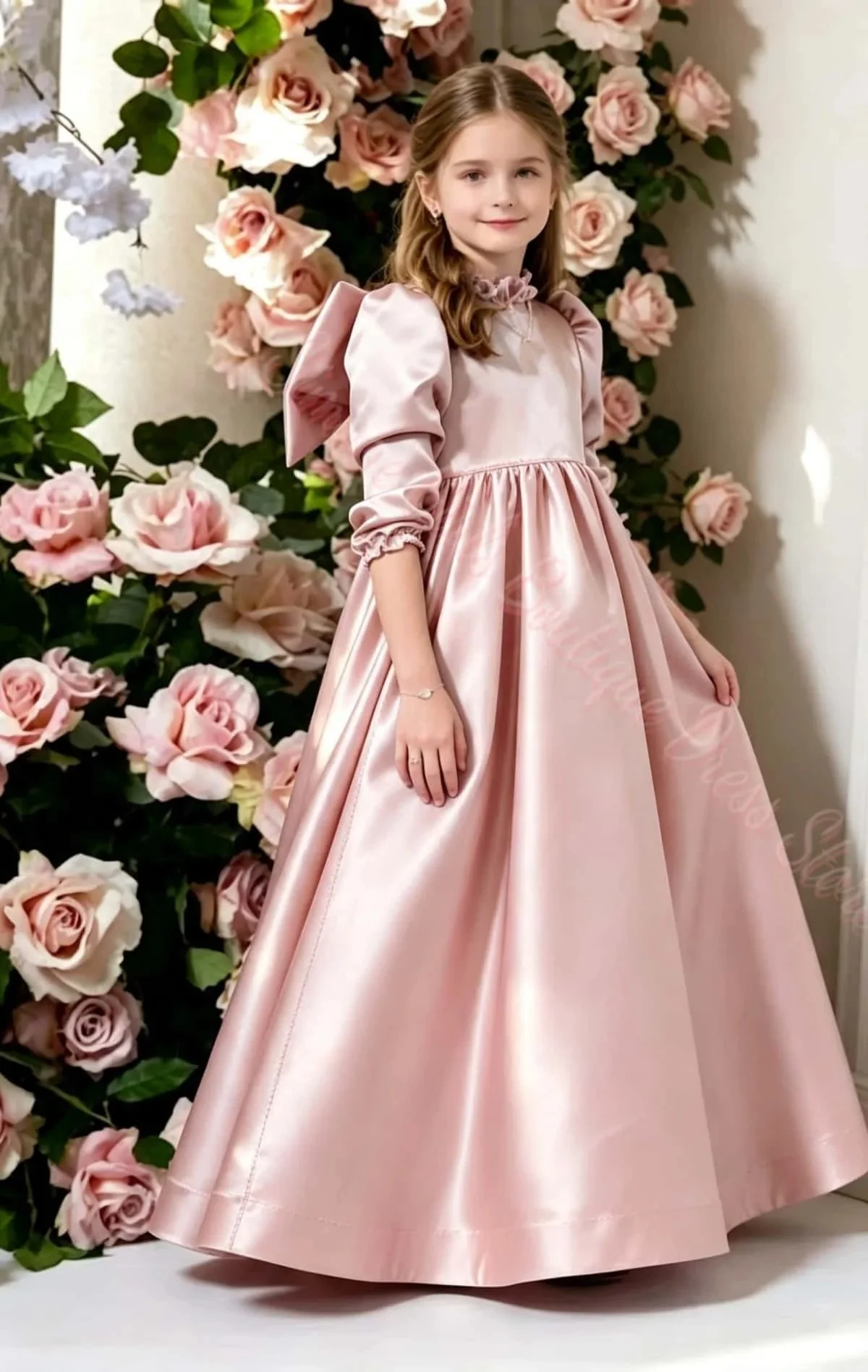 Großhandel Maßgeschneidertes Elegantes Rollkragen-Kleid mit Großer Schleife für Blumenmädchen für Hochzeitszeremonie, Bankett, Party, Abendkleid – Detail 3