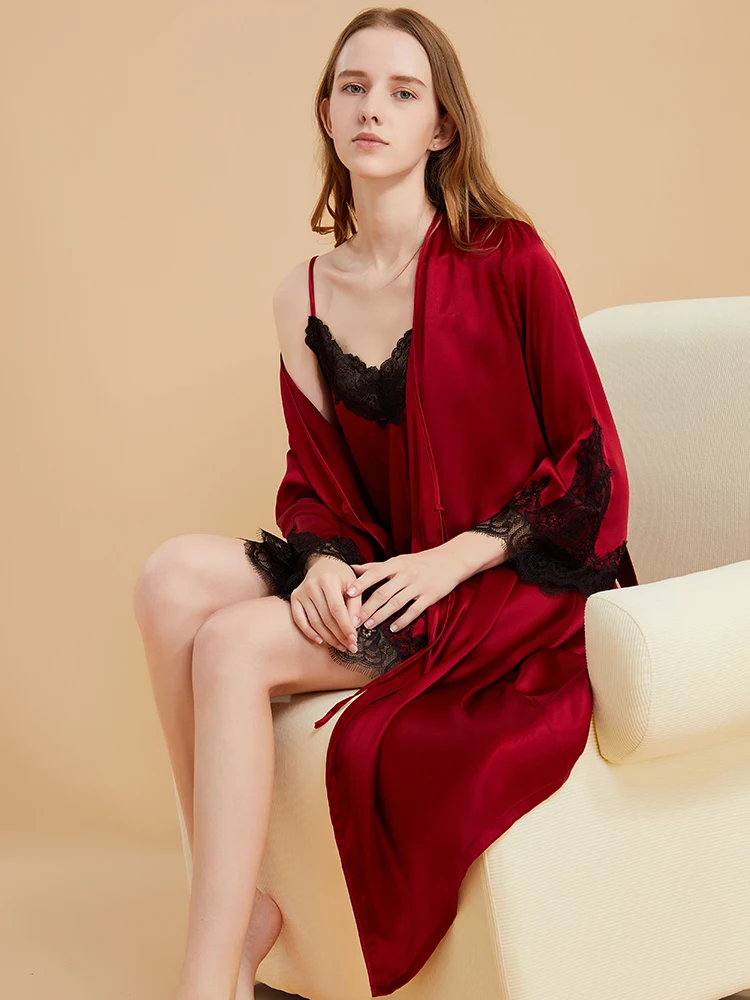 

19MM 100% Mulberry Silk Lace Trim Women's Sexy Nightgown Tie Up Bathrobe Slip Dress and Robe Sets V Neck Kimono Robes Sleepwear