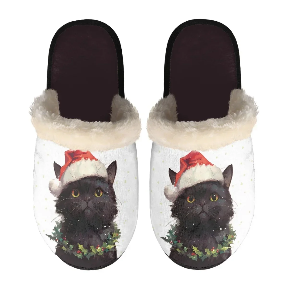 Christmas Black Cat Wearing Santa Hat HoHo Slippers Mens Womens Home Cotton Plush Keep Warm Custom Thermal Lightweight Slipper view 4
