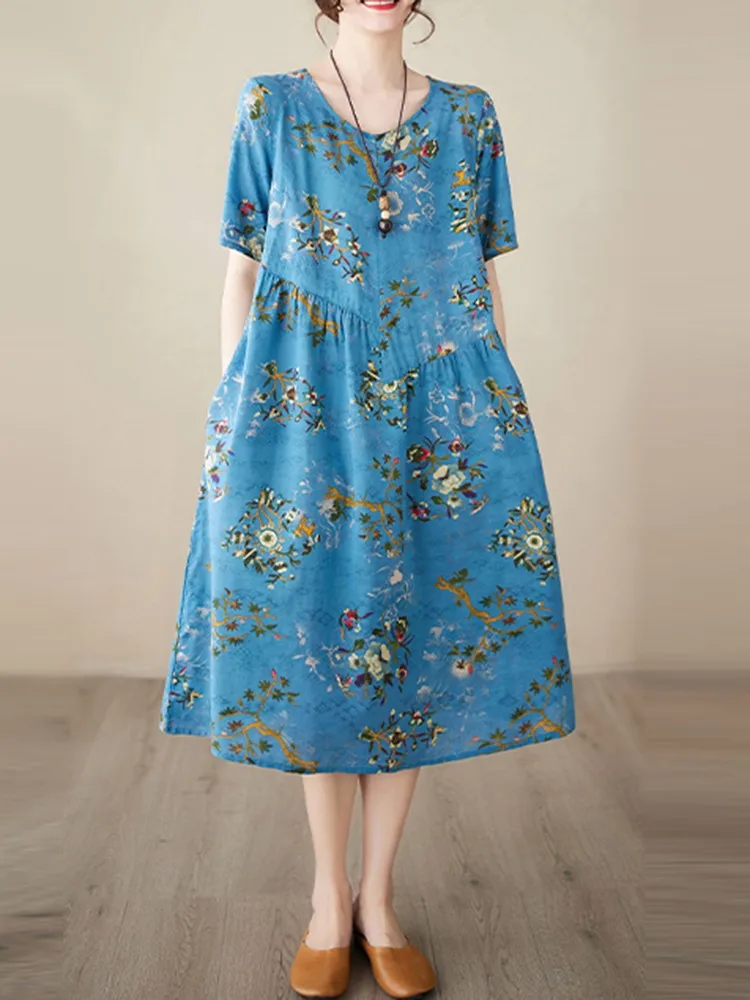 Women Casual Long Dress New 2023 Summer Vintage Style O-neck Floral Print Loose Cotton Female Elegant A-line Dresses B2541