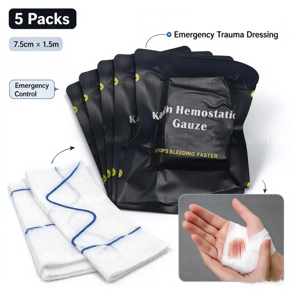 5pcs Hemostatic Kaolin Gauze Combat Emergency Trauma Soluble for Tactical Military First Aid Kit Medical Wound Dressing