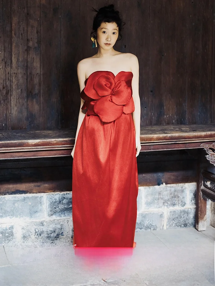 

Red 3D Flower Bridal Gown Women's Morning Robe Wedding Banquet Return Gift Dr Chest Wrap Long Evening Gown for Women