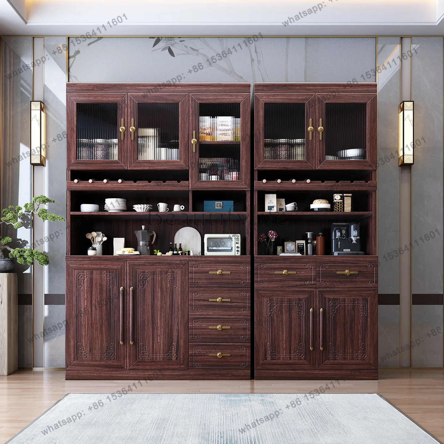 

New Chinese black gold wood wine cabinet living room against the wall sideboard entrance entrance