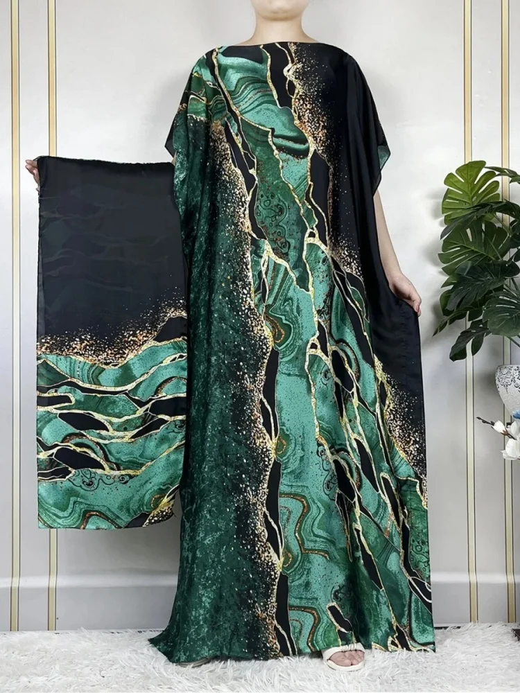 Luxury Soft Muslim Print Abayas Women Short SLeeves Imitated Silk Satin Long Dress Loose Femme Robe Islam Dresses With Hijabs