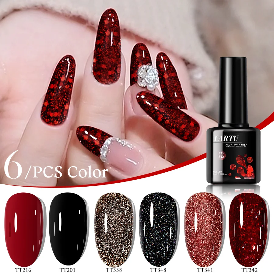 مجموعة طلاء أظافر جل مكونة من 6 قطع، أخضر وأحمر وبني لامع عاري 6 ألوان طقم طلاء جل شبه دائم، نقع بالأشعة فوق البنفسجية/Led، مانيكير فن الأظافر